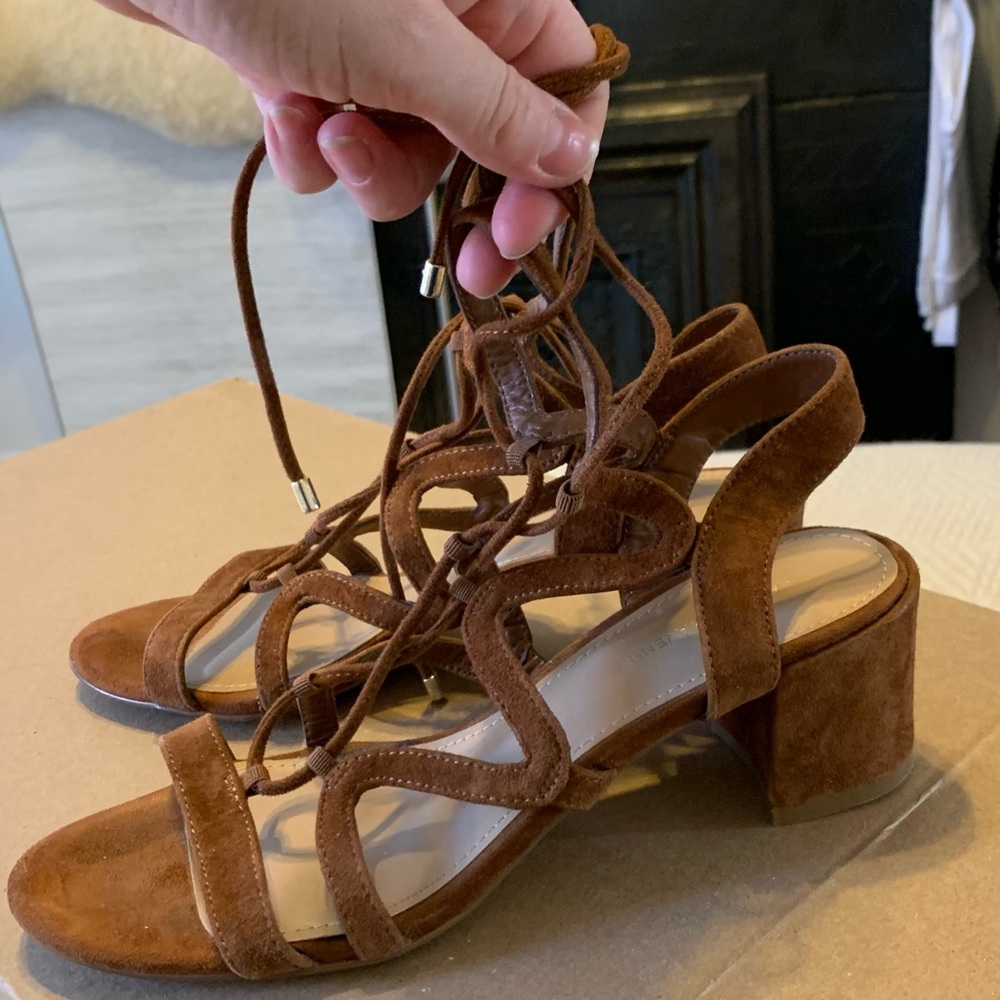 Saks Fifth Avenue Cognac Camel Brown Suede Lace Up Block Heel Sandals - 6.5 - Picture 9 of 16